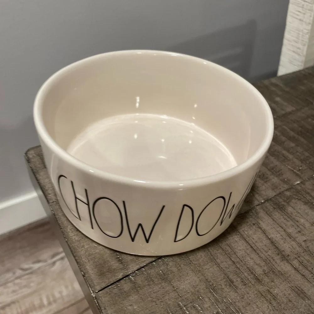 Ceramic Pet Dog Cat Dish Set - Rae Dunn ‘CHOW DOWN’ + blue / tan